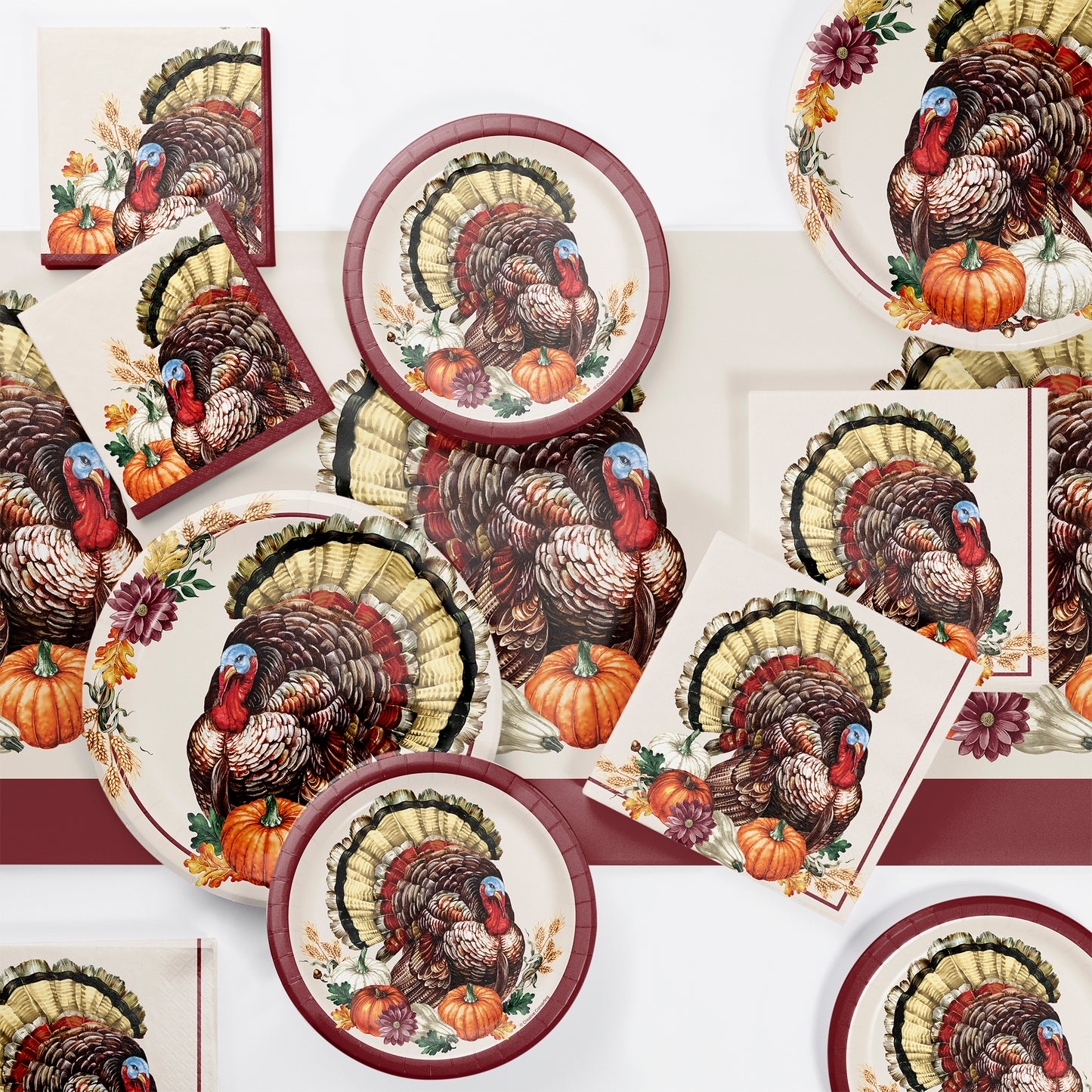 Vintage Turkey Paper Tablecloths 12 ct.  Tableware set with Thanksgiving-themed design featuring turkeys and pumpkins on a white background.